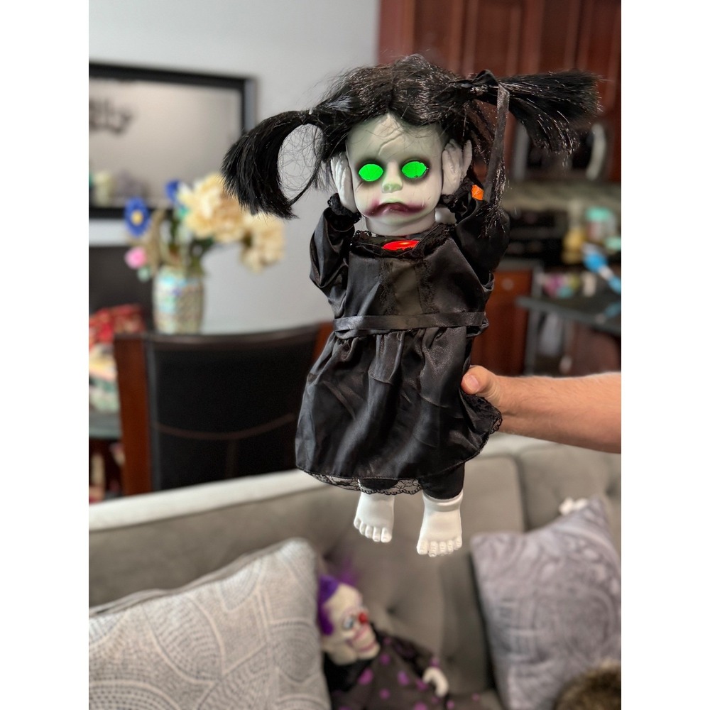 Spooky Animated Doll‎ Creepy Girl Glowing Eyes Black Dress talks